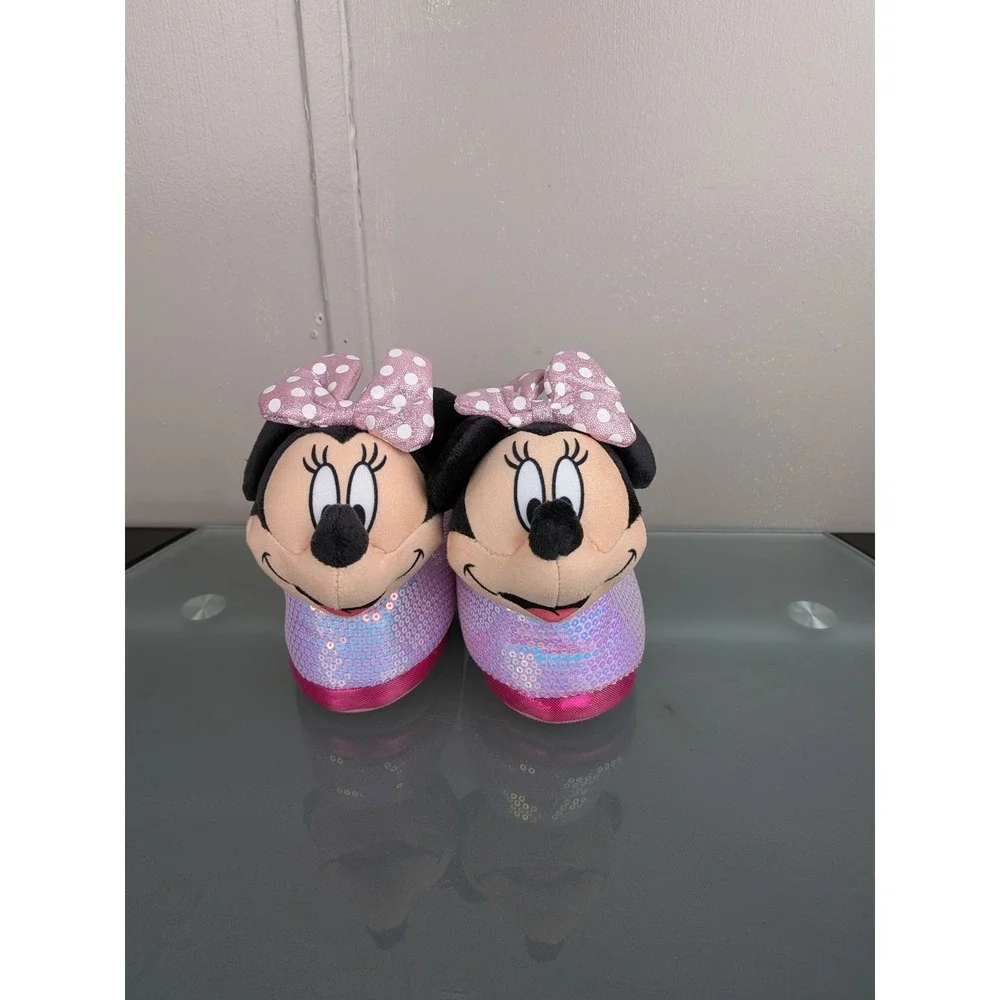 Disney Minnie Mouse Toddler Girls Sequin Plush Slippers Pink Iridescent Size 7/8